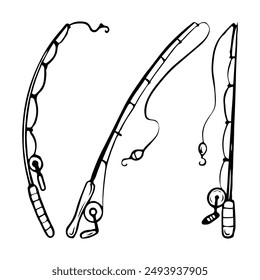 Set of fishing rods hand drawn in doodle style. Spinning rod, reel, fishing line, hook, bait. Vector line art illustration.