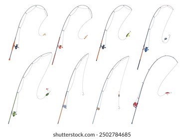 A set of fishing rods. Modern rods for fishing on reservoirs. Fishing tackle, stick, reel, fishing line, bait. Vector illustration