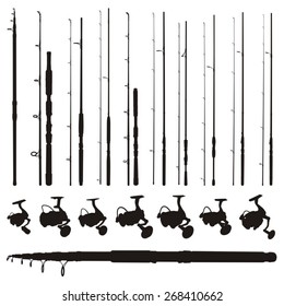 Set of fishing rods and reels silhouettes isolated on white background.