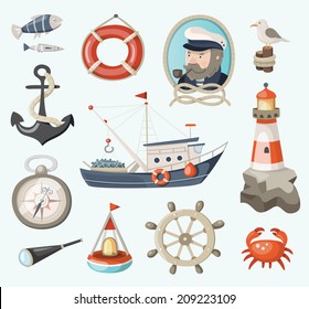 Set of fishing and sea items