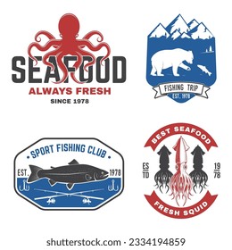 Set of fishing and seafood badges, logos, labels, sticker. Vector. For emblem, sign, patch, shirt, menu restaurants with fishing rods, hook, tuna, trout, shrimp, octopus silhouette