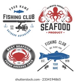 Set of fishing and seafood badges, logos, labels, sticker. Vector. For emblem, sign, patch, shirt, menu restaurants with fishing rods, hook, tuna, trout, shrimp, octopus silhouette