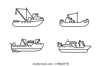 Set of fishing ships. Sea trawler vessel. Fishing boats side view. Vector illustration.