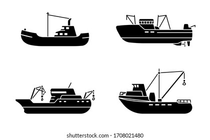 Set of fishing ships. Sea trawler vessel. Fishing boats side view. Vector illustration.