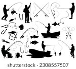 Set of Fishing Silhouette Bundle, Fishing Rod, Boat, Hook, Fisherman