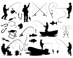 Set Of Fishing Silhouette Bundle, Fishing Rod, Boat, Hook, Fisherman