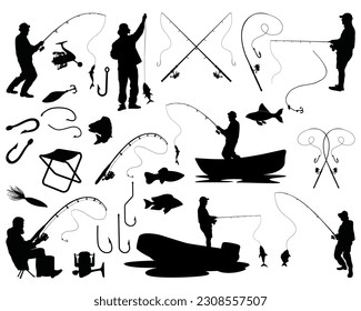 Set of Fishing Silhouette Bundle, Fishing Rod, Boat, Hook, Fisherman