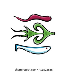 Set of fishing silicon lures isolated on a white background - stock vector