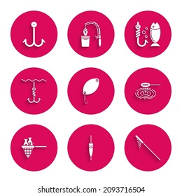 Set Fishing spoon, float, net, water, with fish, hook under,  and  icon. Vector