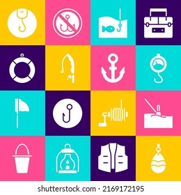 Fijar cuchara de pesca, agua flotante, escala de primavera, gancho con pescado, vara, boya y icono de anclaje. Vector