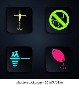 Set Fishing spoon, Fishing hook and float, Fishing net with fish and No fishing. Black square button. Vector