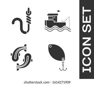 Set Fishing spoon, Fishing hook and worm, Fish and Fishing boat with fishing rod on water icon. Vector
