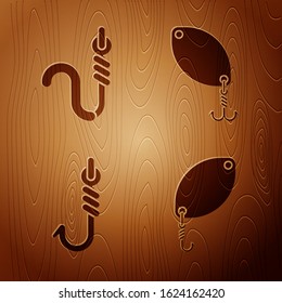 Set Fishing spoon, Fishing hook and worm, Fishing hook and Fishing spoon on wooden background. Vector