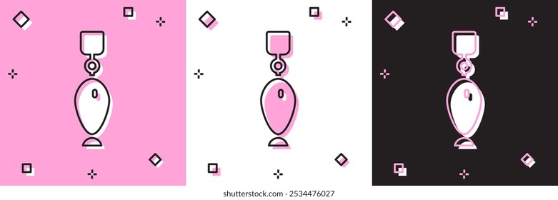 Conjunto de icono de cuchara de pesca aislado en rosa y blanco, fondo negro. Cebos de pesca en forma de pescado. Aparejos de pesca.  Vector