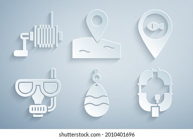 Set Fishing spoon, Location fishing, Diving mask and snorkel, Inflatable boat,  and Spinning reel for icon. Vector
