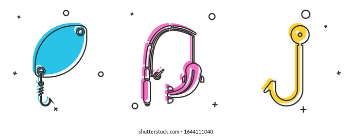 Set Fishing spoon, Fishing rod and fish and Fishing hook icon. Vector