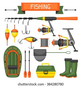 Set of fishing supplies.Objects for decoration, design on advertising booklets, banners, flayers.