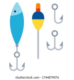Set of fishing tackle, baubles, bobber, hooks vector icon flat isolated