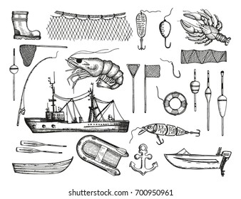 Set of fishing tackle and boat vector. Hand drawing illustration