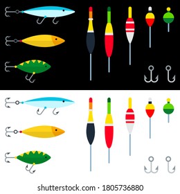 Set of fishing tackle, hooks, baubles, floats vector illustration in a flat design.