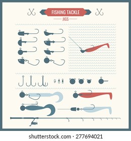 Set. Fishing tackle. Fishing rod, fishing reel, hooks, silicone bait, jigs. Vector elements, eps 10. Icons and illustrations for design, website, infographic, poster, advertising.