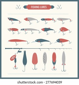 Set. Fishing tackle. Fishing rod, fishing reel, hooks. Vector elements, eps 10. Icons and illustrations for design, website, infographic, poster, advertising.