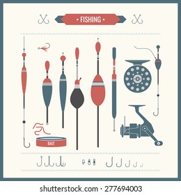 Set. Fishing tackle.Fishing reel, hooks, float, fishing line, lure, bait. Vector elements, eps 10. Icons and illustrations for design, website, infographic, poster, advertising.