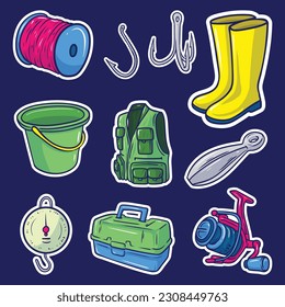 Set of Fishing Tools Cute Sticker Illustration