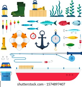 Set of Fishing tools icons flat vector illustration