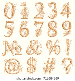 Set of fishnet (lace) font with numeric figures and additional signs.