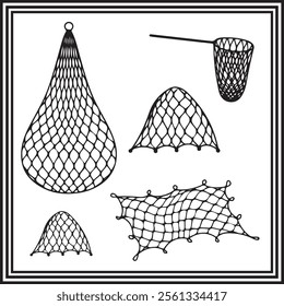 Set of fishnet silhouette vector illustration.