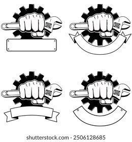 Set of fist and wrenches with banner illustration. . Fist with wrenches for logo, label, emblem, sign, badge.	

