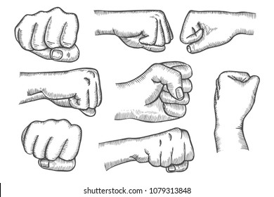 Set of fists in vintage style isolated on white background. In the style of antique engraving, Vector illustration.