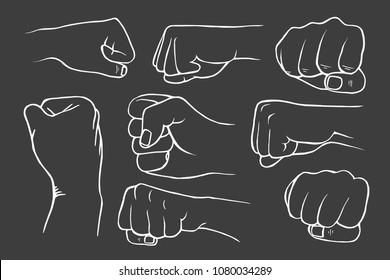 Set of fists in vintage style isolated on white background. Vector illustration.