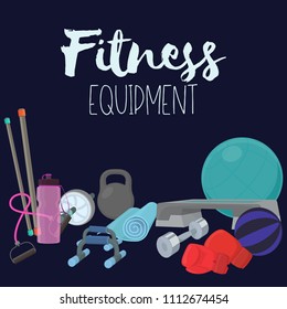 Set of fitness accessories, cartoon illustration of gym equipment for home exercise. Vector