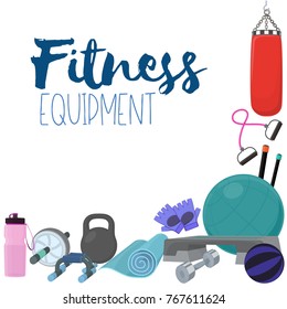 Set of fitness accessories, cartoon illustration of gym equipment for home exercise. Vector