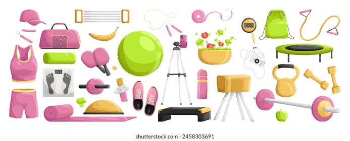 Set of fitness accessories. Collection of clothes, shorts, top, cap, boots, table tennis racket. Gym inventory, ball, rucksack, jump rope, dumbbells. Isolated on white background. Vector illustration