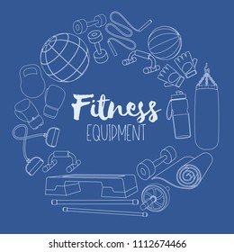 Set of fitness accessories, line illustration of gym equipment for home exercise. Vector