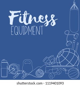 Set of fitness accessories, line illustration of gym equipment for home exercise. Vector