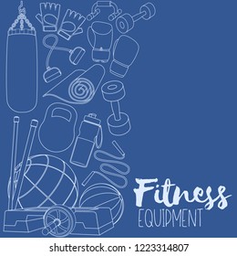 Set of fitness accessories, line illustration of gym equipment for home exercise. Vector