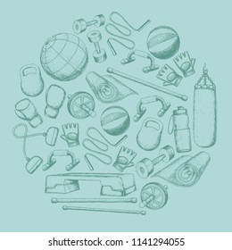 Set of fitness accessories, sketch cartoon illustration of gym equipment for home exercise. Vector