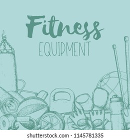 Set of fitness accessories, sketch cartoon illustration of gym equipment for home exercise. Vector