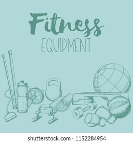 Set of fitness accessories, sketch cartoon illustration of gym equipment for home exercise. Vector