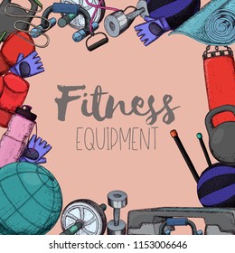 Set of fitness accessories, sketch cartoon illustration of gym equipment for home exercise. Vector