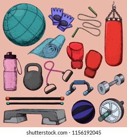 Set of fitness accessories, sketch cartoon illustration of gym equipment for home exercise. Vector