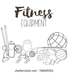 Set of fitness accessories, sketch cartoon illustration of gym equipment for home exercise. Vector