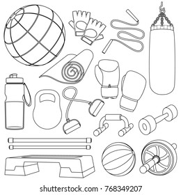 Set of fitness accessories, sketch cartoon illustration of gym equipment for home exercise. Vector