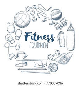 Set of fitness accessories, sketch cartoon illustration of gym equipment for home exercise. Vector
