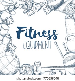 Set of fitness accessories, sketch cartoon illustration of gym equipment for home exercise. Vector