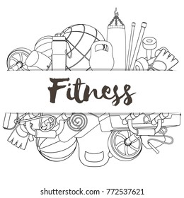 Set of fitness accessories, sketch cartoon illustration of gym equipment for home exercise. Vector